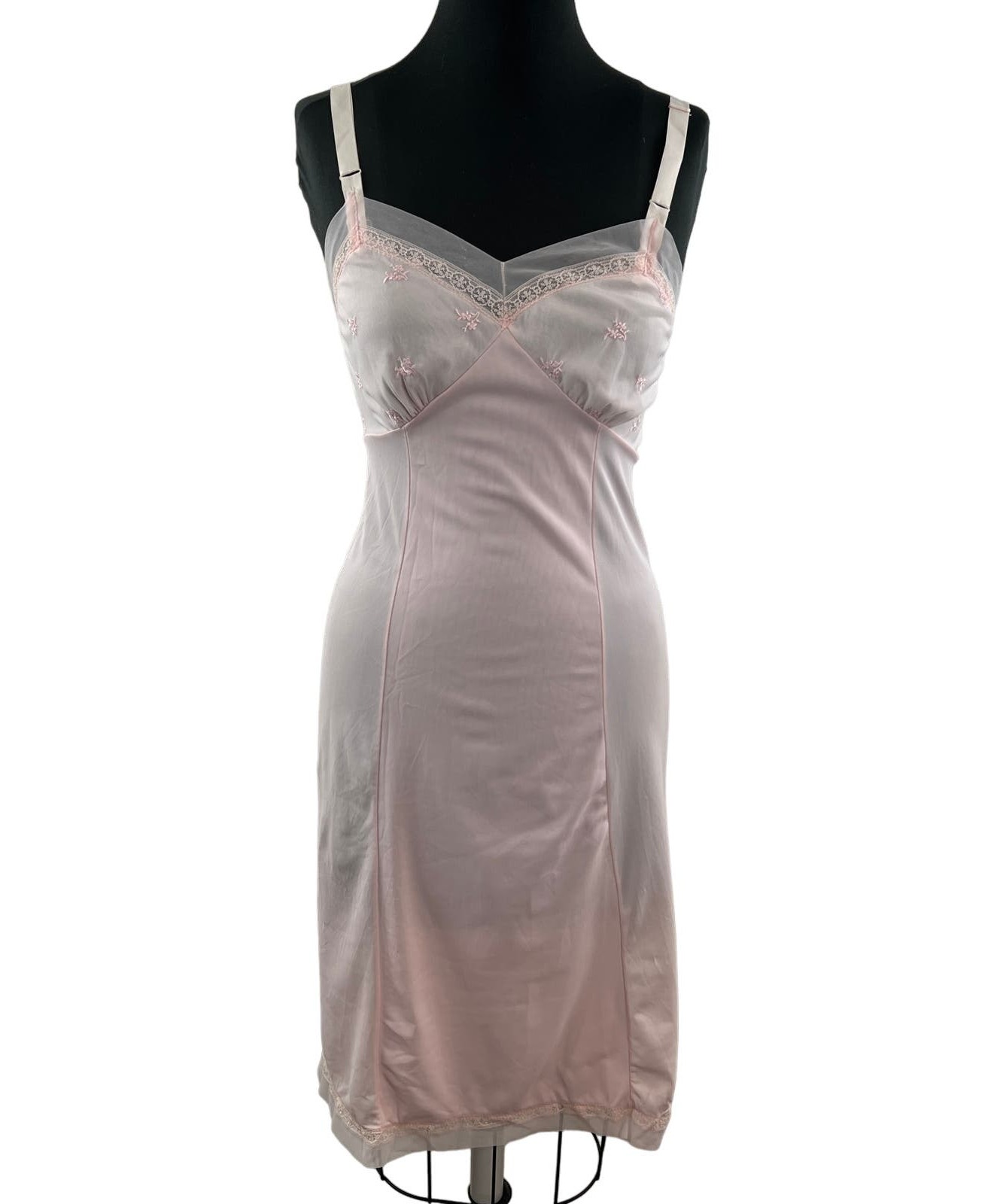 Vintage Pink Slip Dress Strap Ribbed V-Neck Embroidered Floral Lace Knit Size 34